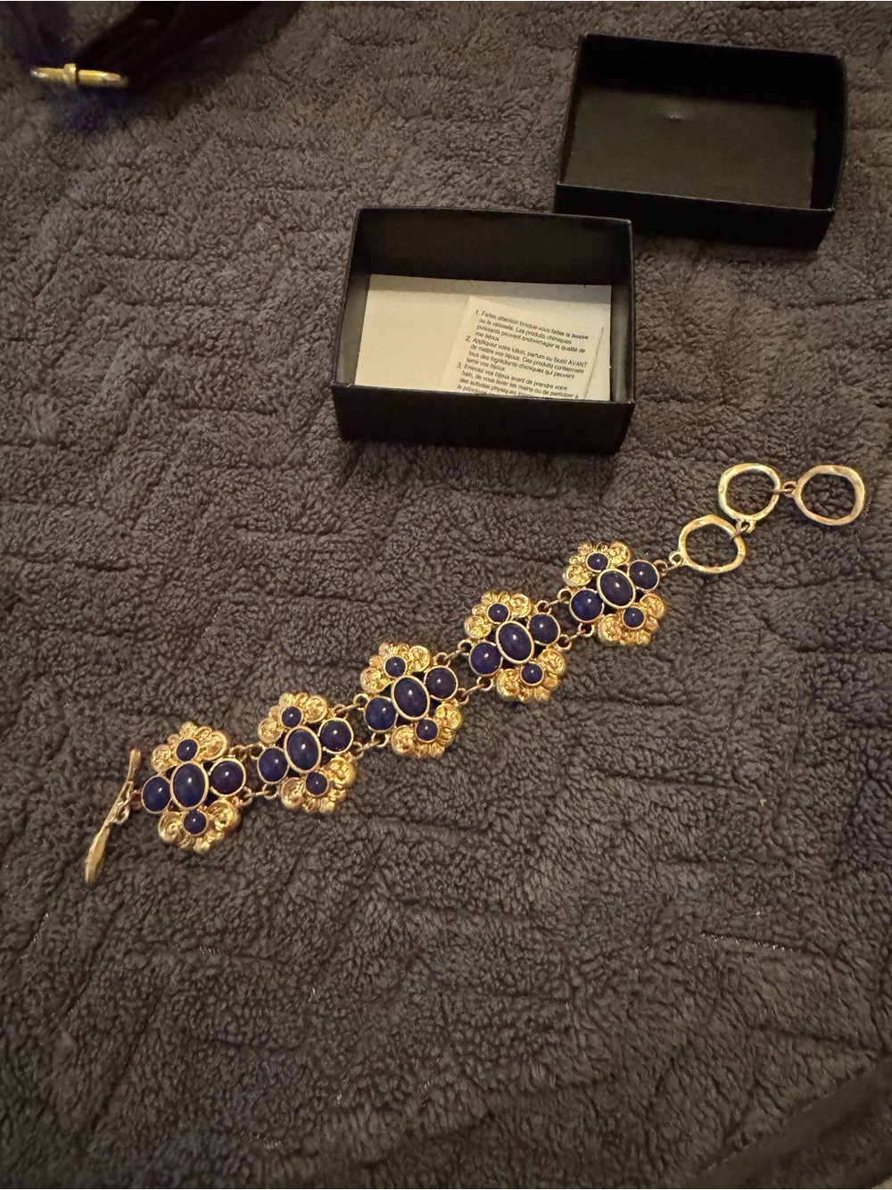 New Gold-tone Bracelet with Deep Blue Cabochon Accents - Women Jewelry